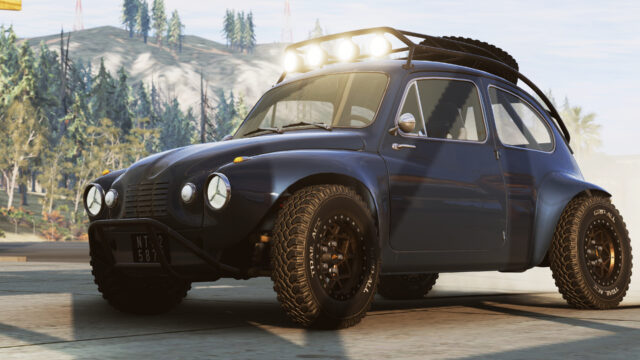 Lifted blue beetle-style car with a roof rack and spotlights by a pine forest