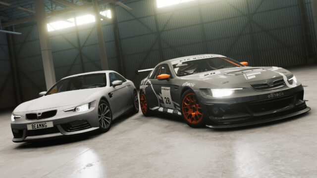 Grey coupe and its No. 28 race version in eShock livery inside a hangar
