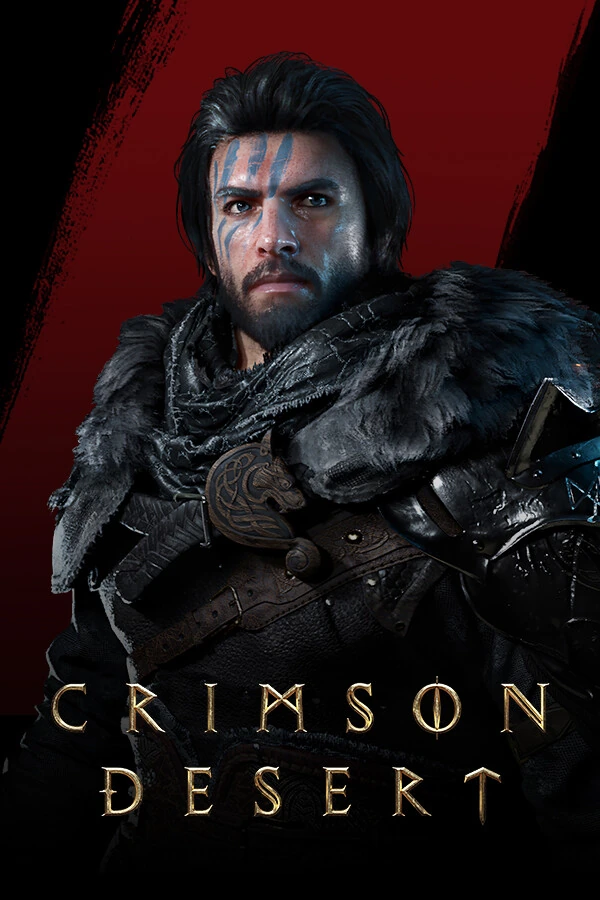 Обложка Crimson Desert: портрет Клиффа с синей боевой раскраской на чёрно-красном фоне