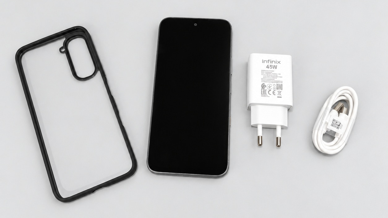 Infinix HOT 70 с чехлом, адаптером 45 Вт и кабелем