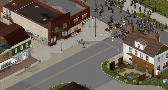 Zombie horde at a small-town crossroads, some on fire, beside brick shops and a house