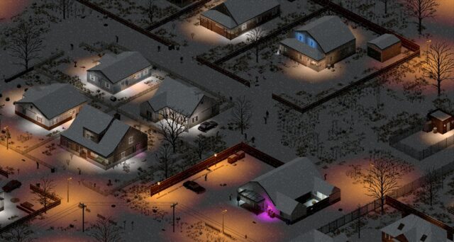 Snowy suburb at night with warm streetlights and lit windows among single-storey homes