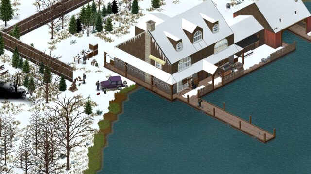 Snowbound lakeside lodge with a wooden pier, a 4x4 in the yard and survivors at work