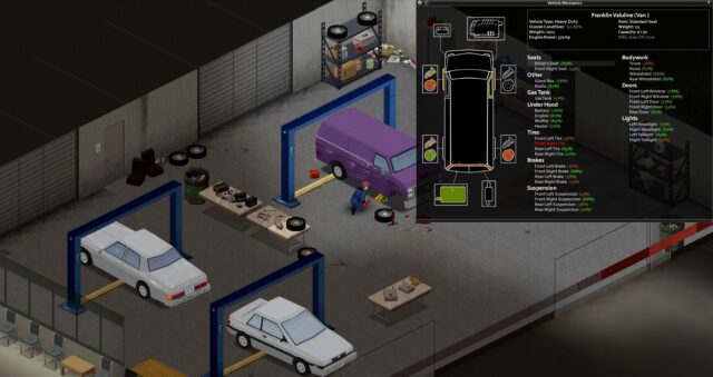 Garage with car lifts and the Vehicle Mechanics window listing a Franklin Valuline van's parts