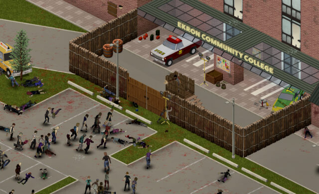 Log palisade around Ekron Community College holding back a zombie crowd in the parking lot