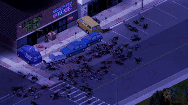 Night street by neon-lit shops strewn with zombie bodies around parked cars