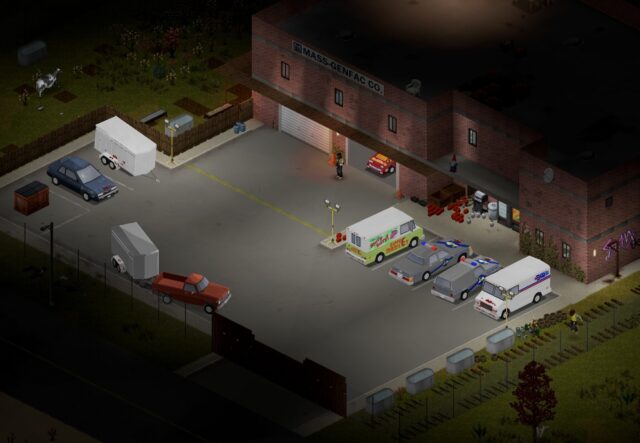 Mass-Genfac Co. warehouse yard at night with vans, a pickup and trailers under floodlights
