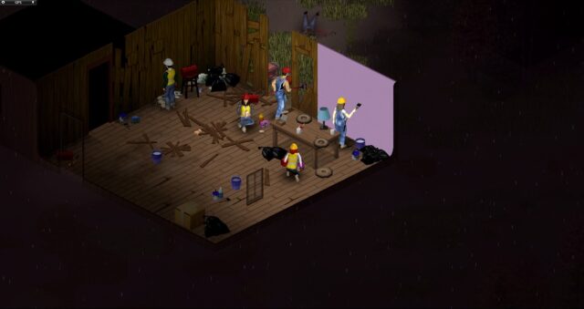 Survivors in hard hats and hi-vis vests fixing up a wrecked room in a timber house