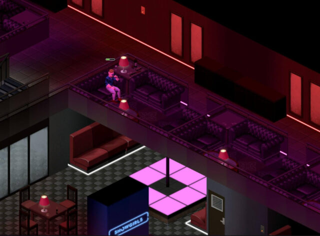 Neon-lit nightclub with red booths, a glowing dance floor and a survivor on the balcony