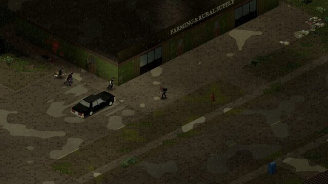 Overcast street outside Farming & Rural Supply as zombies shamble toward a black sedan