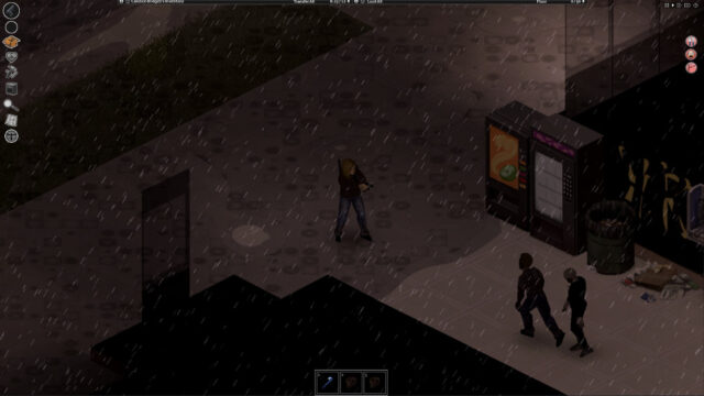 Rainy night: a survivor spots two zombies by vending machines, with the game HUD on screen