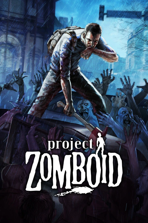 Project Zomboid cover: a survivor with a backpack and a fire axe on a car roof amid zombies in the rain