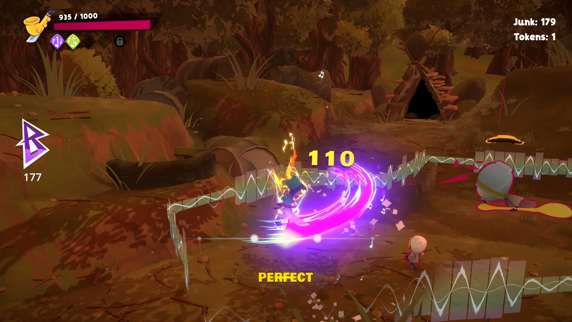 Cello fighting puppets in Alpha Nomos