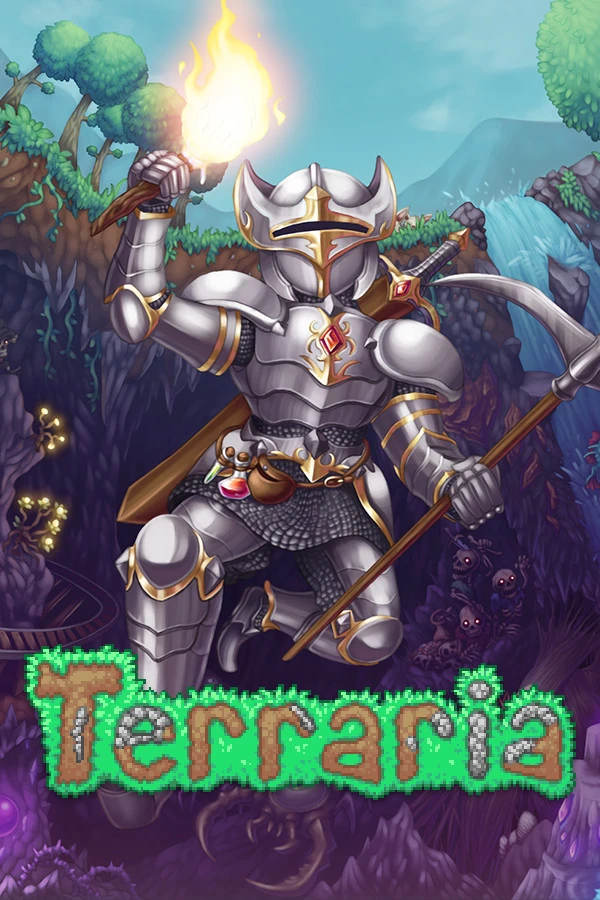 Terraria cover: a knight in silver armour with a torch and a pickaxe above the green logo
