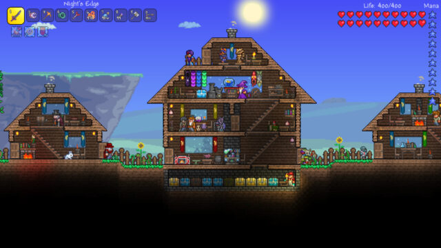 Three-house wooden village with NPC residents and a basement full of chests