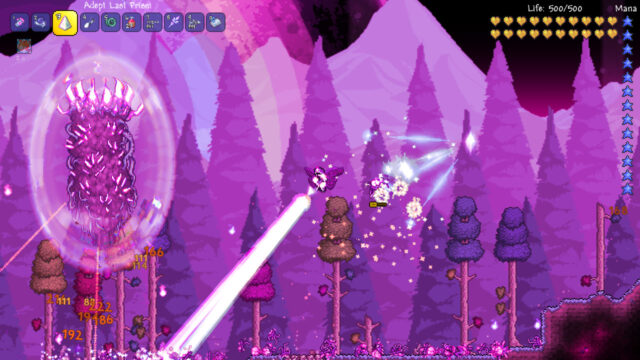 Winged hero fires the Last Prism's beam at a shielded pink pillar in a pastel forest