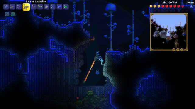 Glowing mushroom biome: firing a Rocket Launcher in blue caves of giant mushrooms