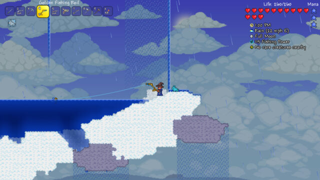 Fishing with a Golden Fishing Rod on a cloud island in the rain, weather and fishing power shown