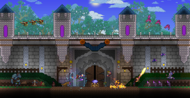 Stone castle with turrets and purple banners as invaders storm its gate