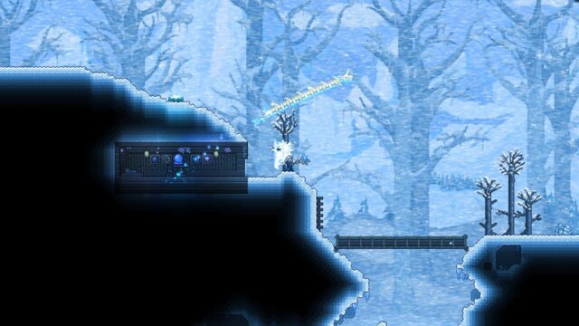 In a blizzard, a hero with a frost staff fights a snow beast beside a hillside hideout