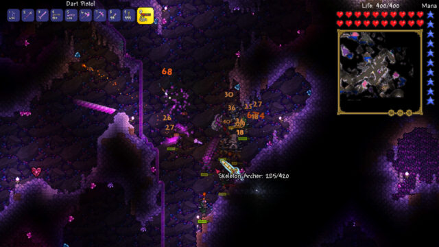 Purple underground caverns: Dart Pistol shots at a Skeleton Archer amid damage numbers