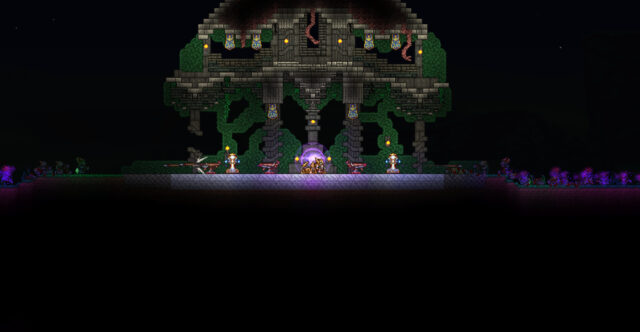 Night build: a stone pavilion woven into a tree, with lanterns, statues and a crystal ball