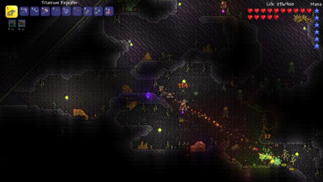 Dark underground cave: the hero fends off skeletons with a Titanium Repeater