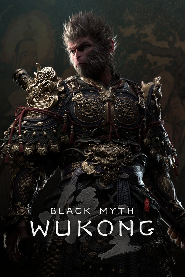 Обложка Black Myth: Wukong: обезьяний воин в узорчатых доспехах над логотипом игры